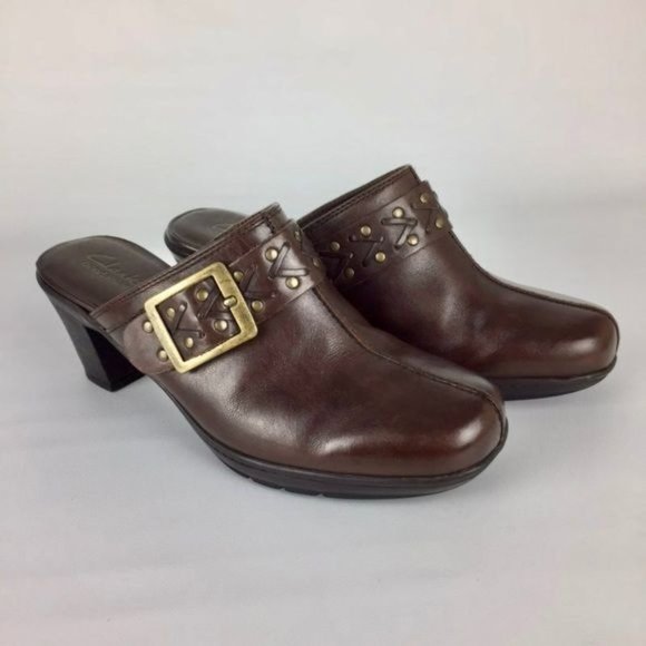 Clarks Womens Mirabelle Brown Leather Heeled Mules Comfort Shoes size 7.5W Wide - Picture 1 of 16